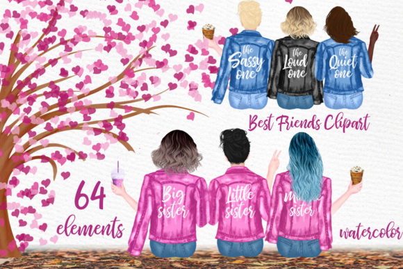 Best Friends Clipart: Hand-Painted Sisters Clipart for Authentic Designs