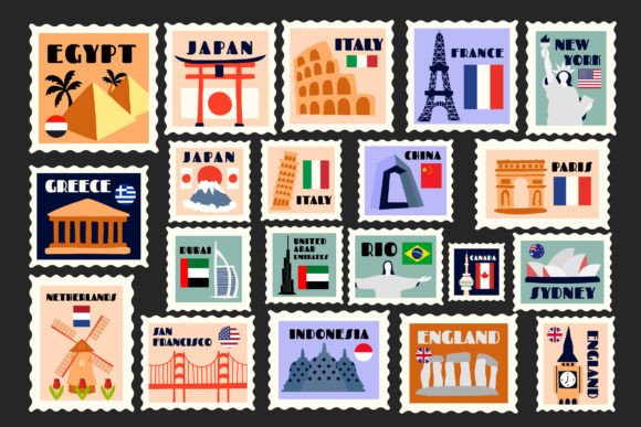 Landmark Stamps Illustration Set: Global Icons for Your Brand